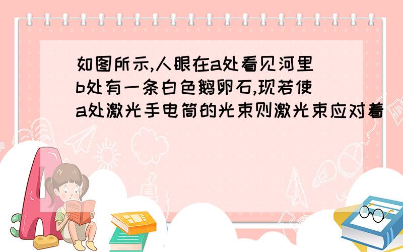 如图所示,人眼在a处看见河里b处有一条白色鹅卵石,现若使a处激光手电筒的光束则激光束应对着_B点___射出.（填“B”点,“B点上方”或“B点下方”） 讲出具体原因