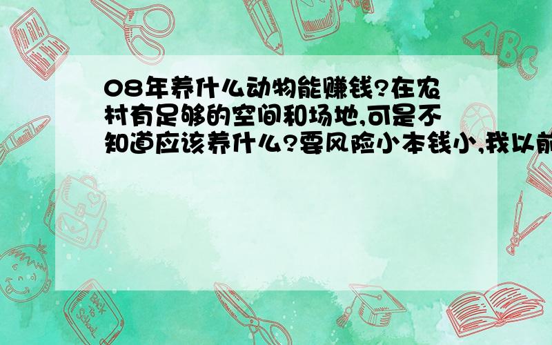 08年养什么动物能赚钱?在农村有足够的空间和场地,可是不知道应该养什么?要风险小本钱小,我以前养过一些小动物,猫狗啊 鸽子兔子什么的!都对它们有一定的养殖经验和了解,但是不知道养什