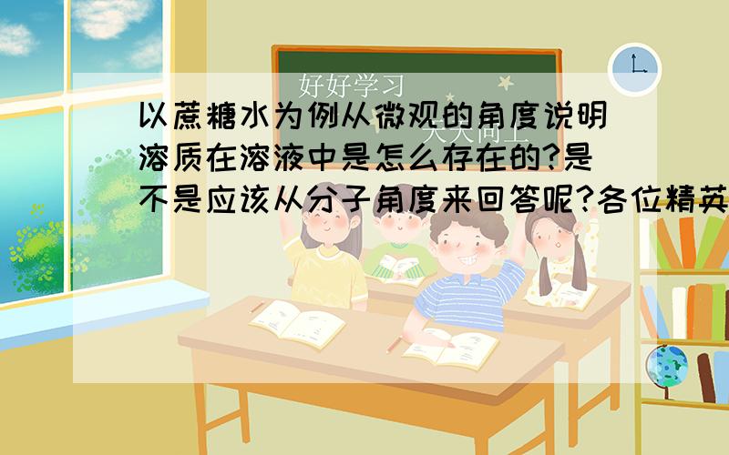 以蔗糖水为例从微观的角度说明溶质在溶液中是怎么存在的?是不是应该从分子角度来回答呢?各位精英Help一下```在此谢过```是否是与水分子溶解成同一个分子?