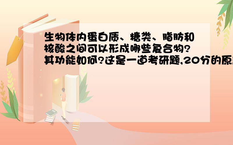 生物体内蛋白质、糖类、脂肪和核酸之间可以形成哪些复合物?其功能如何?这是一道考研题,20分的原题如上