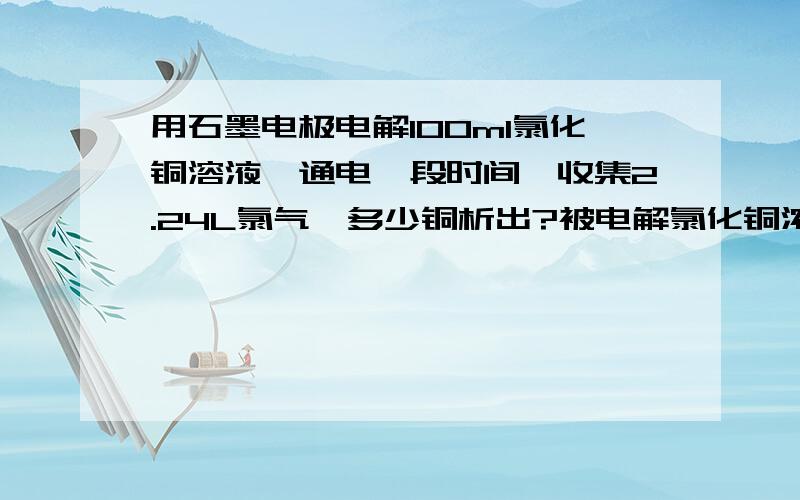 用石墨电极电解100ml氯化铜溶液,通电一段时间,收集2.24L氯气,多少铜析出?被电解氯化铜浓度多少?急呀…………