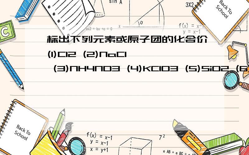 标出下列元素或原子团的化合价(1)Cl2 (2)NaCl (3)NH4NO3 (4)KCIO3 (5)SiO2 (6)NH3 (7)FeSO4 (8)Zn (9)SO3 (10)SO4右上2- （11）H2O2 （12）KMnO4 (13)CO3右上2- （14）NH4右上+ （15）K2MnO4