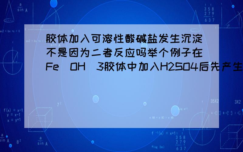 胶体加入可溶性酸碱盐发生沉淀不是因为二者反应吗举个例子在Fe(OH)3胶体中加入H2SO4后先产生沉淀后沉淀溶解为什么刚加入H2SO4时不会直接反应生成Fe2(SO4)3和H2O而是先聚沉呢?