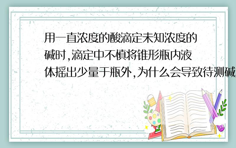 用一直浓度的酸滴定未知浓度的碱时,滴定中不慎将锥形瓶内液体摇出少量于瓶外,为什么会导致待测碱用已知浓度的酸滴定未知浓度的碱时,滴定中不慎将锥形瓶内液体摇出少量于瓶外,为什么