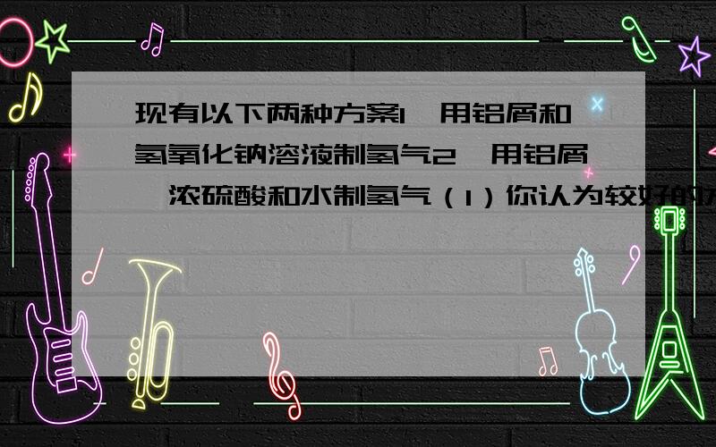 现有以下两种方案1、用铝屑和氢氧化钠溶液制氢气2、用铝屑、浓硫酸和水制氢气（1）你认为较好的方案是_____ 理由是_________（2）简要说出方案2的实验步骤________ （3）写出方案2中发生的化