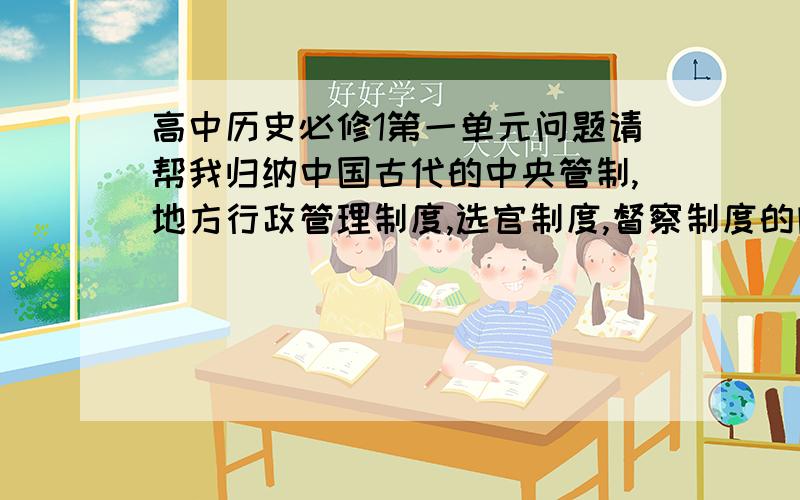 高中历史必修1第一单元问题请帮我归纳中国古代的中央管制,地方行政管理制度,选官制度,督察制度的内容