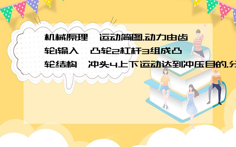 机械原理,运动简图.动力由齿轮1输入,凸轮2杠杆3组成凸轮结构,冲头4上下运动达到冲压目的.分析能否实现设计意图并修改方案.45处为什么这样画?属于什么运动副?1齿轮为什么简图不用画出?补