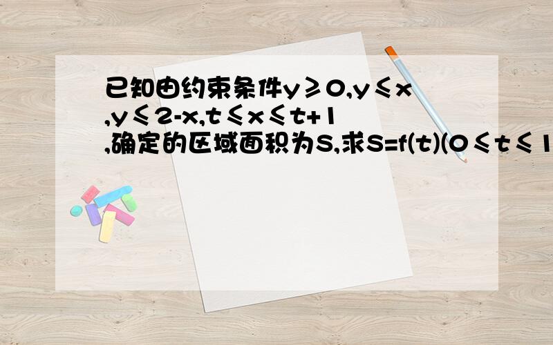 已知由约束条件y≥0,y≤x,y≤2-x,t≤x≤t+1,确定的区域面积为S,求S=f(t)(0≤t≤1)的表达式