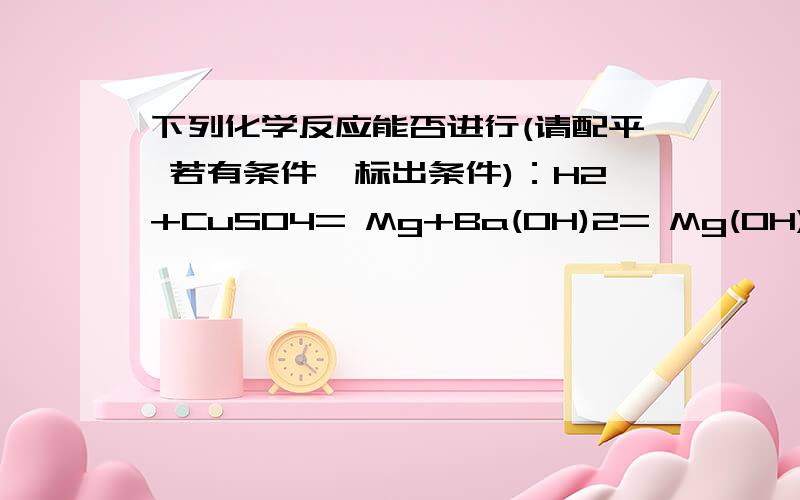 下列化学反应能否进行(请配平 若有条件,标出条件)：H2+CuSO4= Mg+Ba(OH)2= Mg(OH)2+SO3= Mg(OH)2+FeSO4=MgO+SO3=FeO+HCL=Mg(OH)2+S=Mg+S=以及回答以下问题浓硫酸的强氧化性 举出一个方程式C3H6O3是什么物质浓硫酸