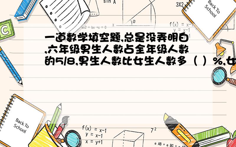 一道数学填空题,总是没弄明白,六年级男生人数占全年级人数的5/8,男生人数比女生人数多（ ）%,女生人数比男生人数少（ ）%,男生人数比女生人数多全年级人数的（ ）%,女生人数比男生人数