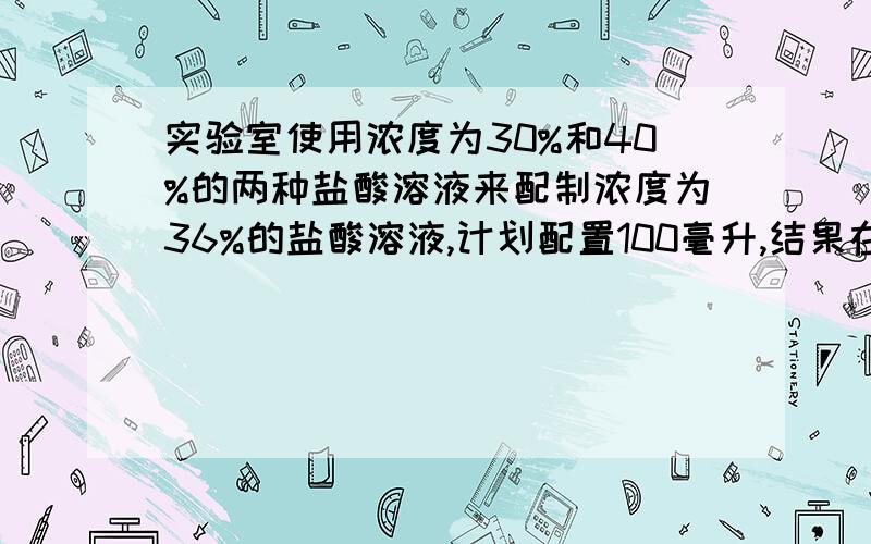 实验室使用浓度为30%和40%的两种盐酸溶液来配制浓度为36%的盐酸溶液,计划配置100毫升,结果在实际配置的过程中发现30%的盐酸溶液只有20毫升,那么为了配出此种溶液,应该至少加入多少毫升水?