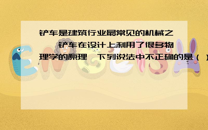 铲车是建筑行业最常见的机械之一,铲车在设计上利用了很多物理学的原理,下列说法中不正确的是（）A.铲车上安装的观后镜是利用平面镜成像的原理来观察后方的景物的B.铲车的轮胎在设计