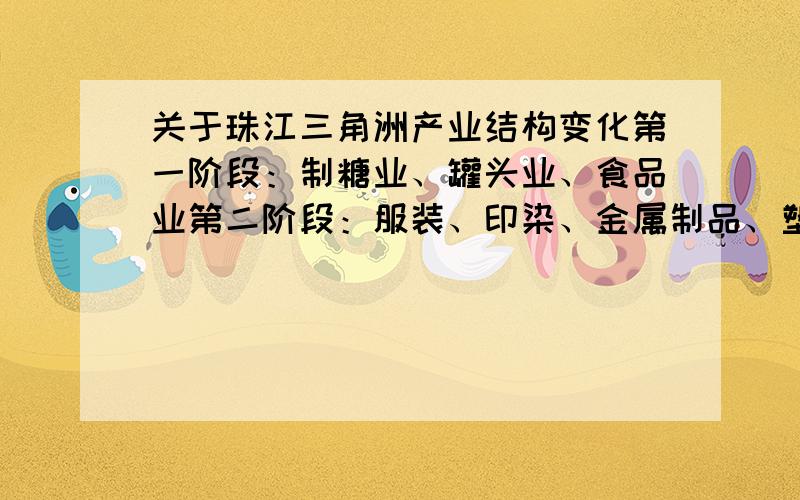 关于珠江三角洲产业结构变化第一阶段：制糖业、罐头业、食品业第二阶段：服装、印染、金属制品、塑料制品等第三阶段：计算机、信息技术、生物技术、汽车、石油化工等新兴产业下列