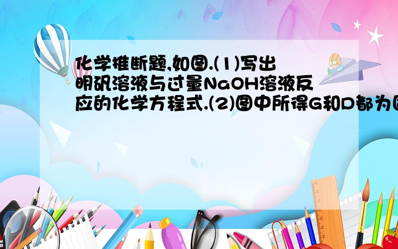 化学推断题,如图.(1)写出明矾溶液与过量NaOH溶液反应的化学方程式.(2)图中所得G和D都为固体,推断图中各物质:A ____ ,B ____ ,D ____ ,E ____ ,F ____ ,G ____.