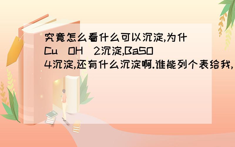 究竟怎么看什么可以沉淀,为什Cu（OH）2沉淀,BaSO4沉淀,还有什么沉淀啊.谁能列个表给我,