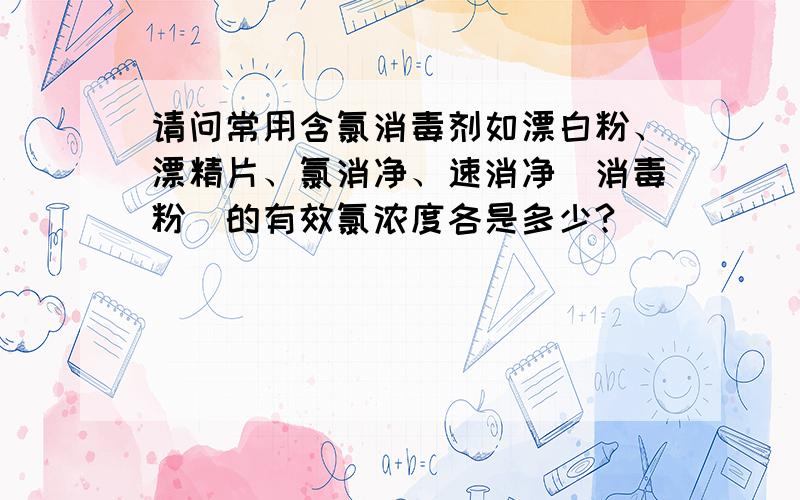 请问常用含氯消毒剂如漂白粉、漂精片、氯消净、速消净（消毒粉）的有效氯浓度各是多少?