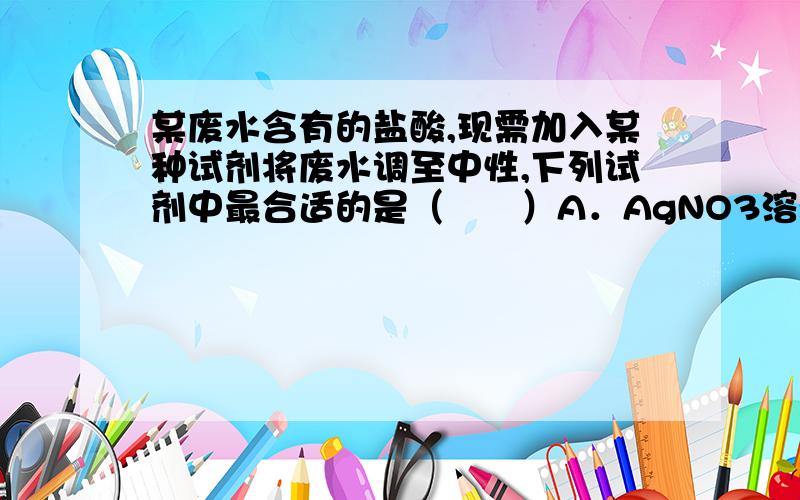 某废水含有的盐酸,现需加入某种试剂将废水调至中性,下列试剂中最合适的是（　　）A．AgNO3溶液　　B．石灰乳　　C．稀醋酸　　D．KNO3溶液