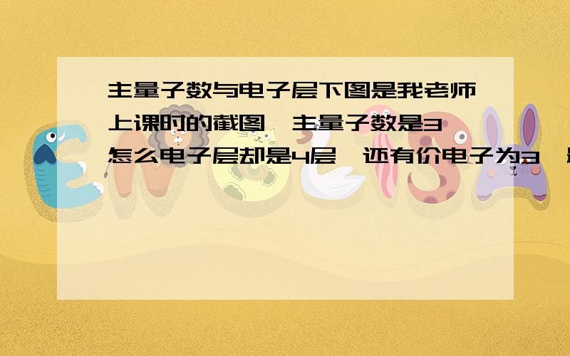 主量子数与电子层下图是我老师上课时的截图,主量子数是3,怎么电子层却是4层,还有价电子为3,最高正化合价为什么是+3价?是老师把题出错啦吗