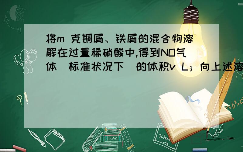 将m 克铜屑、铁屑的混合物溶解在过量稀硝酸中,得到NO气体（标准状况下）的体积v L；向上述溶液中加入过量的1 mol/L的NaOH溶液,得到沉淀.请分别写出铜和铁与稀硝酸反应的化学方程式,并给出