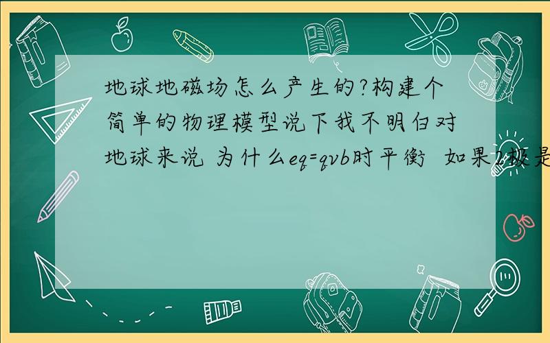 地球地磁场怎么产生的?构建个简单的物理模型说下我不明白对地球来说 为什么eq=qvb时平衡  如果2极是磁极 那模拟电容的2极就是横向的地球么?为什么eq=qvb时平衡