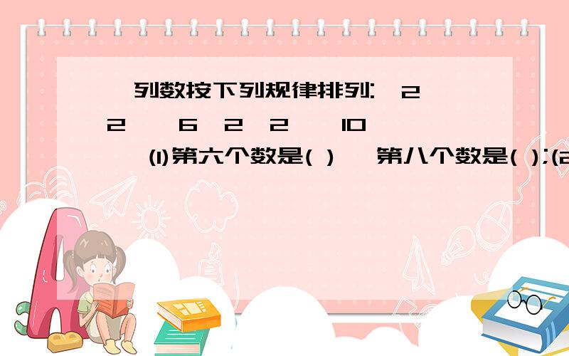 一列数按下列规律排列:√2,2,√6,2√2,√10,…… (1)第六个数是( ) ,第八个数是( );(2)第n个数多少?请用含n的式子表示.