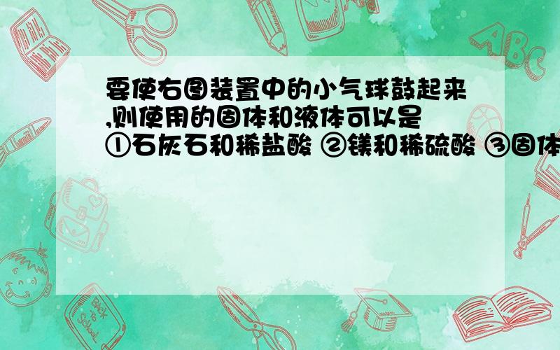 要使右图装置中的小气球鼓起来,则使用的固体和液体可以是 ①石灰石和稀盐酸 ②镁和稀硫酸 ③固体氢氧化钠和水 ④生石灰和水(A)①②③④ (B)①②③ (C)①②④ (D)②③④我帮好朋友问的