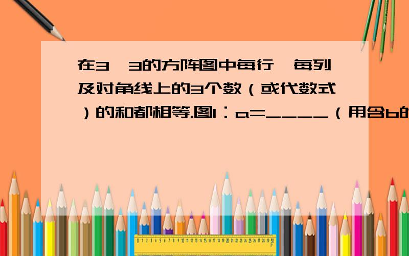 在3*3的方阵图中每行、每列及对角线上的3个数（或代数式）的和都相等.图1：a=____（用含b的代数式表示）图2：a=___,b=____【求快】