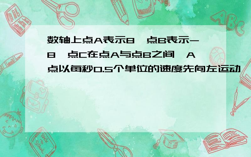 数轴上点A表示8,点B表示-8,点C在点A与点B之间,A点以每秒0.5个单位的速度先向左运动,B点以每秒1.5个单位的速度向右运动,点C以每秒3个单位向右运动碰到点A后立即返回向左运动,碰到点B后又立