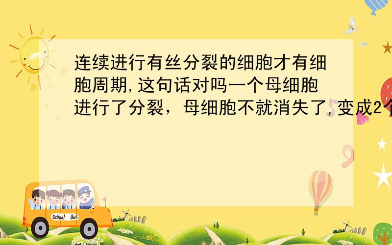 连续进行有丝分裂的细胞才有细胞周期,这句话对吗一个母细胞进行了分裂，母细胞不就消失了,变成2个子细胞了，怎么连续啊？如果 “两个子细胞中至少有一个在分裂都属于连续分裂”，那