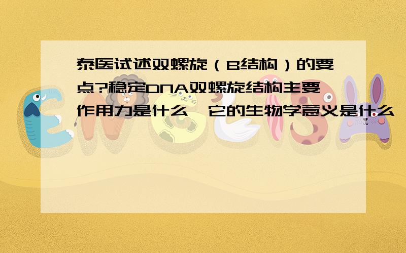 泰医试述双螺旋（B结构）的要点?稳定DNA双螺旋结构主要作用力是什么,它的生物学意义是什么