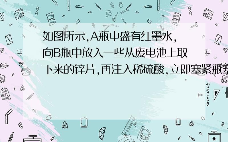 如图所示,A瓶中盛有红墨水,向B瓶中放入一些从废电池上取下来的锌片,再注入稀硫酸,立即塞紧瓶塞立即塞紧瓶塞,你会看到红墨水从A瓶尖端玻璃管中喷出,形成喷泉.你能解释这是为什么吗?