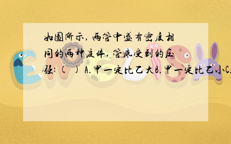 如图所示, 两管中盛有密度相同的两种液体, 管底受到的压强: ( ) A.甲一定比乙大B.甲一定比乙小C.甲,乙相等发图：在这个网站（http://wenku.baidu.com/view/79a9f33a87c24028915fc329.html）的第11题 回答好