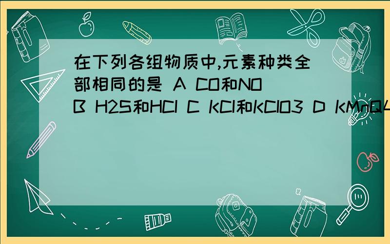 在下列各组物质中,元素种类全部相同的是 A CO和NO B H2S和HCI C KCI和KCIO3 D KMnQ4和K2MnO4