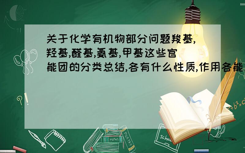 关于化学有机物部分问题羧基,羟基,醛基,氨基,甲基这些官能团的分类总结,各有什么性质,作用各能发生什么反应,以及怎样通过官能团判断有机物的性质河反应类型要自己总结的,这样更有条