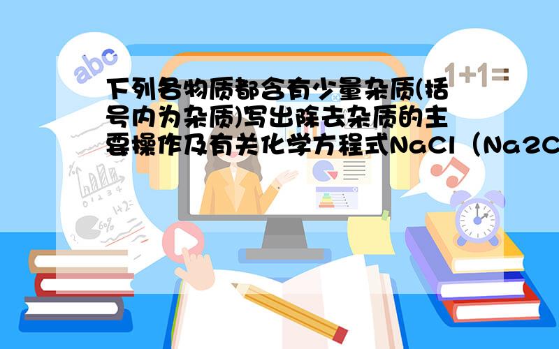 下列各物质都含有少量杂质(括号内为杂质)写出除去杂质的主要操作及有关化学方程式NaCl（Na2CO3）＿＿＿＿＿＿＿＿＿＿＿＿＿＿＿＿＿＿＿＿＿＿＿＿（4）FeSO4（CuSO4）＿＿＿＿＿＿＿＿