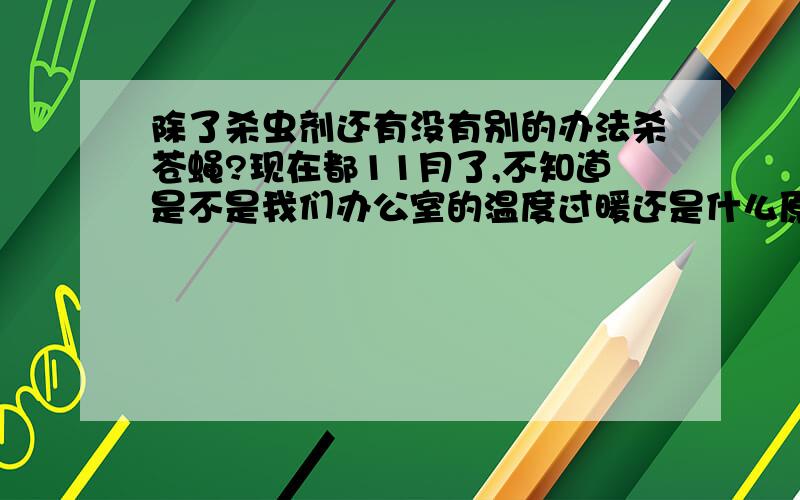 除了杀虫剂还有没有别的办法杀苍蝇?现在都11月了,不知道是不是我们办公室的温度过暖还是什么原因,超级多的苍蝇.有时候晚上回去,第二天早上杯子里都是苍蝇.有没有什么办法除掉呢?办公