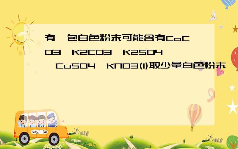 有一包白色粉末可能含有CaCO3、K2CO3、K2SO4、CuSO4、KNO3(1)取少量白色粉末,向其中加入足量的蒸馏水充分振荡溶液无色透明；(2)取少量上述溶液滴入盐酸,有气泡产生；（3）另取（1）中少量溶液