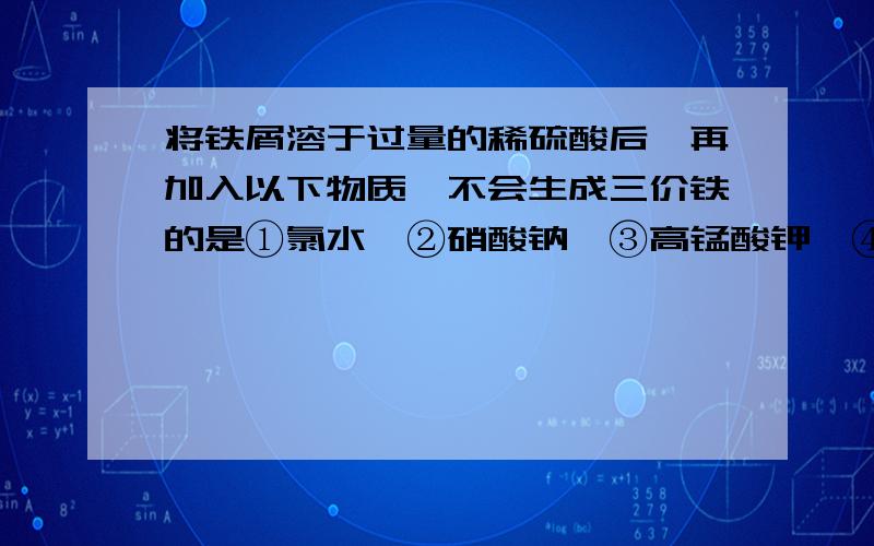 将铁屑溶于过量的稀硫酸后,再加入以下物质,不会生成三价铁的是①氯水,②硝酸钠,③高锰酸钾,④氯化铜.要说明理由~各个选项都要说明。