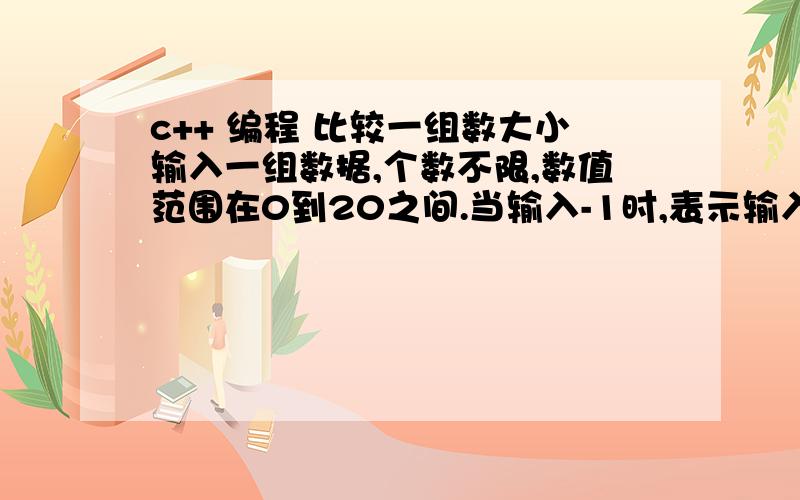 c++ 编程 比较一组数大小输入一组数据,个数不限,数值范围在0到20之间.当输入-1时,表示输入数据完毕,显示出这组数据的平均值 最大值 最小值,并且要显示出最大值的个数 和最小值的个数.表