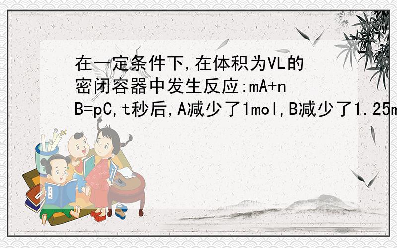 在一定条件下,在体积为VL的密闭容器中发生反应:mA+nB=pC,t秒后,A减少了1mol,B减少了1.25mol,C增加了0.5mol,则m∶n∶p应为A.4∶5∶2 B.2∶5∶4 C.1∶3∶2 D.3∶2∶1