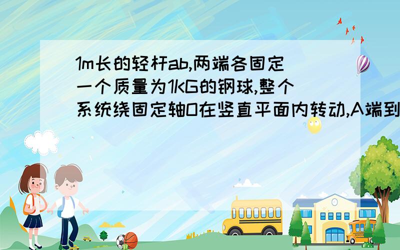 1m长的轻杆ab,两端各固定一个质量为1KG的钢球,整个系统绕固定轴O在竖直平面内转动,A端到轴的距离是0.6M,当A端转到最低点时速度是1.2m/s,求此时杆两端受力的大小及转动轴O所受杆的作用力.