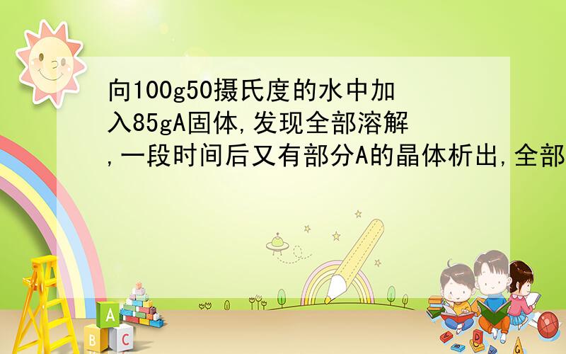 向100g50摄氏度的水中加入85gA固体,发现全部溶解,一段时间后又有部分A的晶体析出,全部溶解的原因.A的溶解度为80g,溶解度曲线呈明显上升