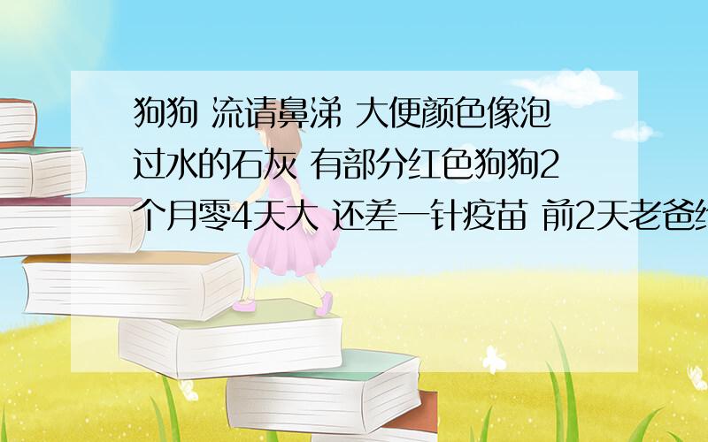 狗狗 流请鼻涕 大便颜色像泡过水的石灰 有部分红色狗狗2个月零4天大 还差一针疫苗 前2天老爸给它吃了点月饼也拉稀 但不像现在这样 后面流请鼻涕 认为是感冒 先喝了2天板蓝根没什么好转