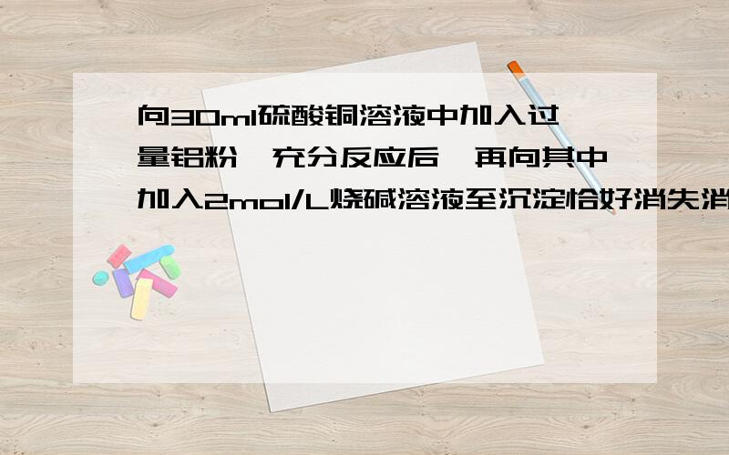 向30ml硫酸铜溶液中加入过量铝粉,充分反应后,再向其中加入2mol/L烧碱溶液至沉淀恰好消失消耗烧碱溶液210mL并收集到气体0.03mol求原硫酸铜溶液的物质的量浓度 (请务必写出过程,谢谢啊!)