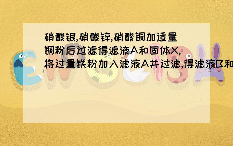 硝酸银,硝酸锌,硝酸铜加适量铜粉后过滤得滤液A和固体X,将过量铁粉加入滤液A并过滤,得滤液B和固体YX Y B 是----谢谢