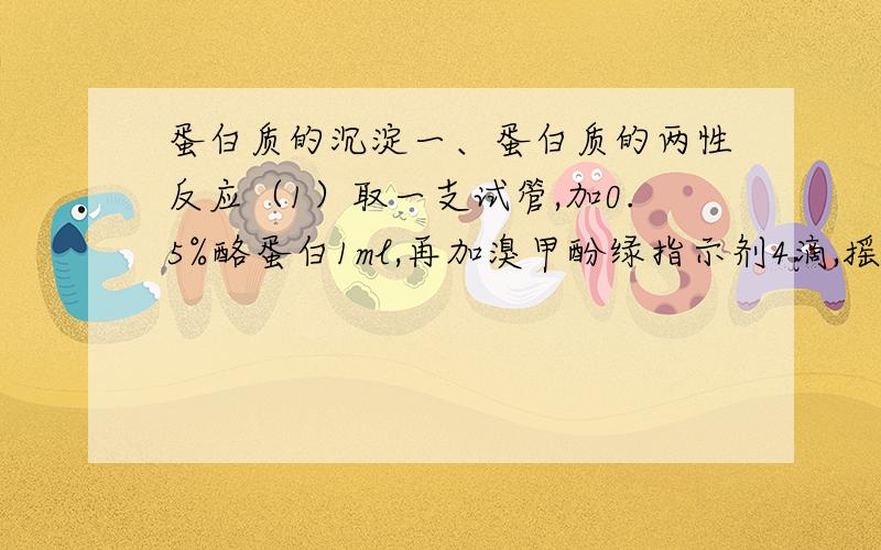 蛋白质的沉淀一、蛋白质的两性反应（1）取一支试管,加0.5%酪蛋白1ml,再加溴甲酚绿指示剂4滴,摇匀.此时溶液呈蓝色,无沉淀生成.（2）用胶头滴管慢慢加入0.2mol/L盐酸,边加边摇知道有大量的沉