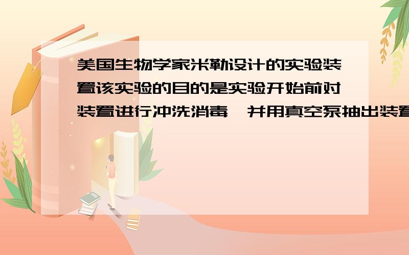 美国生物学家米勒设计的实验装置该实验的目的是实验开始前对装置进行冲洗消毒,并用真空泵抽出装置内原有空气,这样做的目的是沸水加热和电火花的作用是为了达到最佳的冷凝效果,冷水