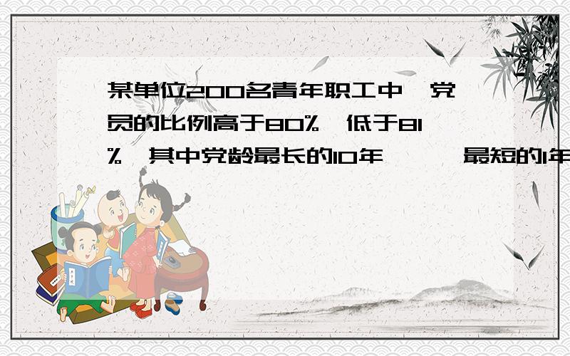 某单位200名青年职工中,党员的比例高于80%,低于81%,其中党龄最长的10年,　　最短的1年.问该单位至少有多少名青年职工是在同一年入党的?A.14 B.15C.16 D.17D