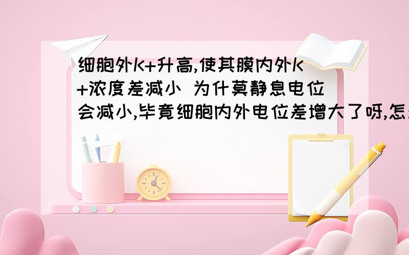 细胞外K+升高,使其膜内外K+浓度差减小 为什莫静息电位会减小,毕竟细胞内外电位差增大了呀,怎么会平衡呢静息电位等于平衡时钾离子平衡电位 胞外钾离子升高 电位差会增加 钾离子因此要