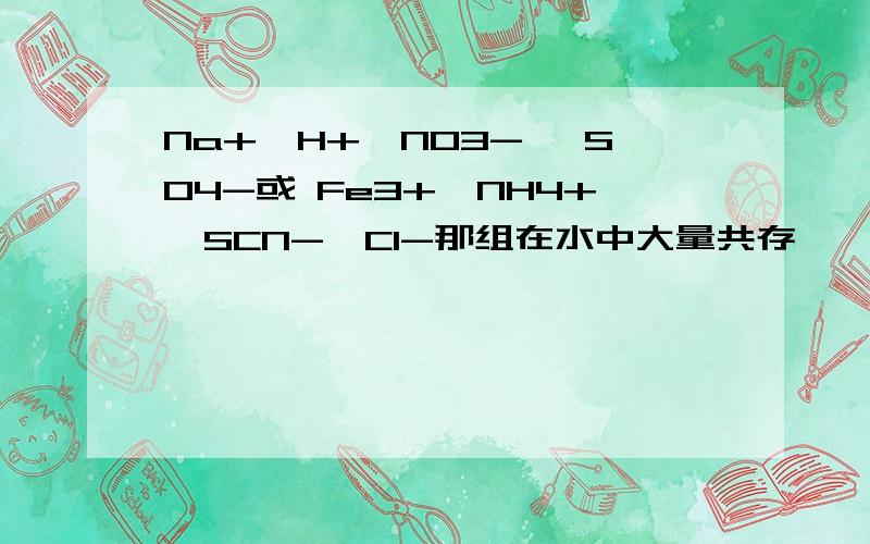 Na+,H+,NO3- ,SO4-或 Fe3+,NH4+,SCN-,Cl-那组在水中大量共存